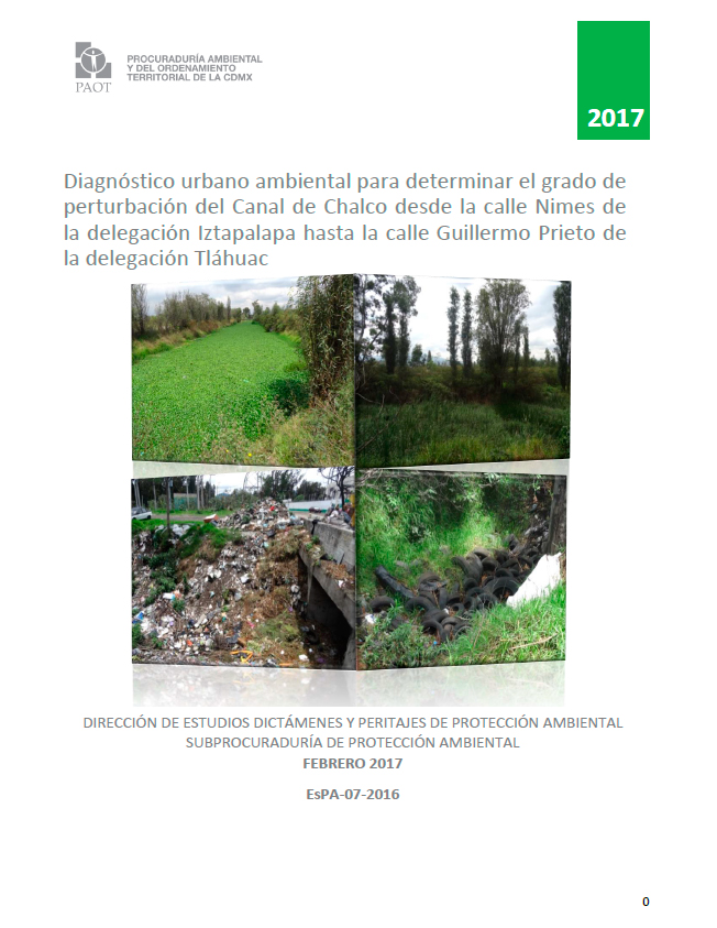 Portada de Diagnóstico urbano ambiental para determinar el grado de perturbación del Canal de Chalco desde la calle Nimes de la delegación Iztapalapa hasta la calle Guillermo Prieto de la delegación Tláhuac