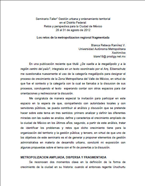 Portada de Seminario-taller gestión urbana y ordenamiento territorial en el Distrito Federal: Retos y perspectiva para la Ciudad de México